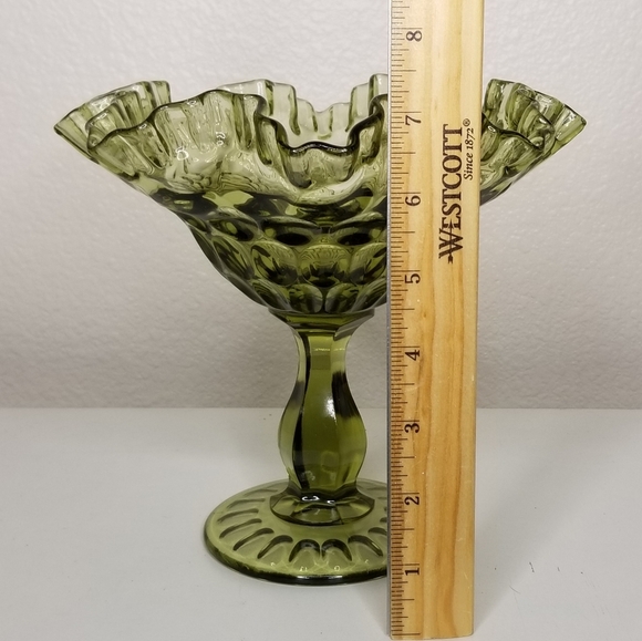 Colonial Green‎ Glass Thumbprint Footed Compote Candy Dish 7"H - Picture 5 of 7